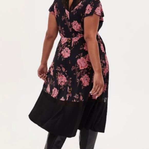 Torrid Floral Studio Knit Midi Dress Flutter Sleeves Lace Trim Black - Picture 7 of 11